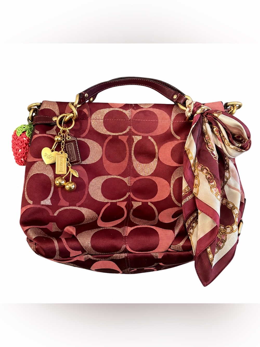 Coach Poppy Signature Sateen Hobo Shoulder Bag Burgundy Pink Metallic Gold Y2K